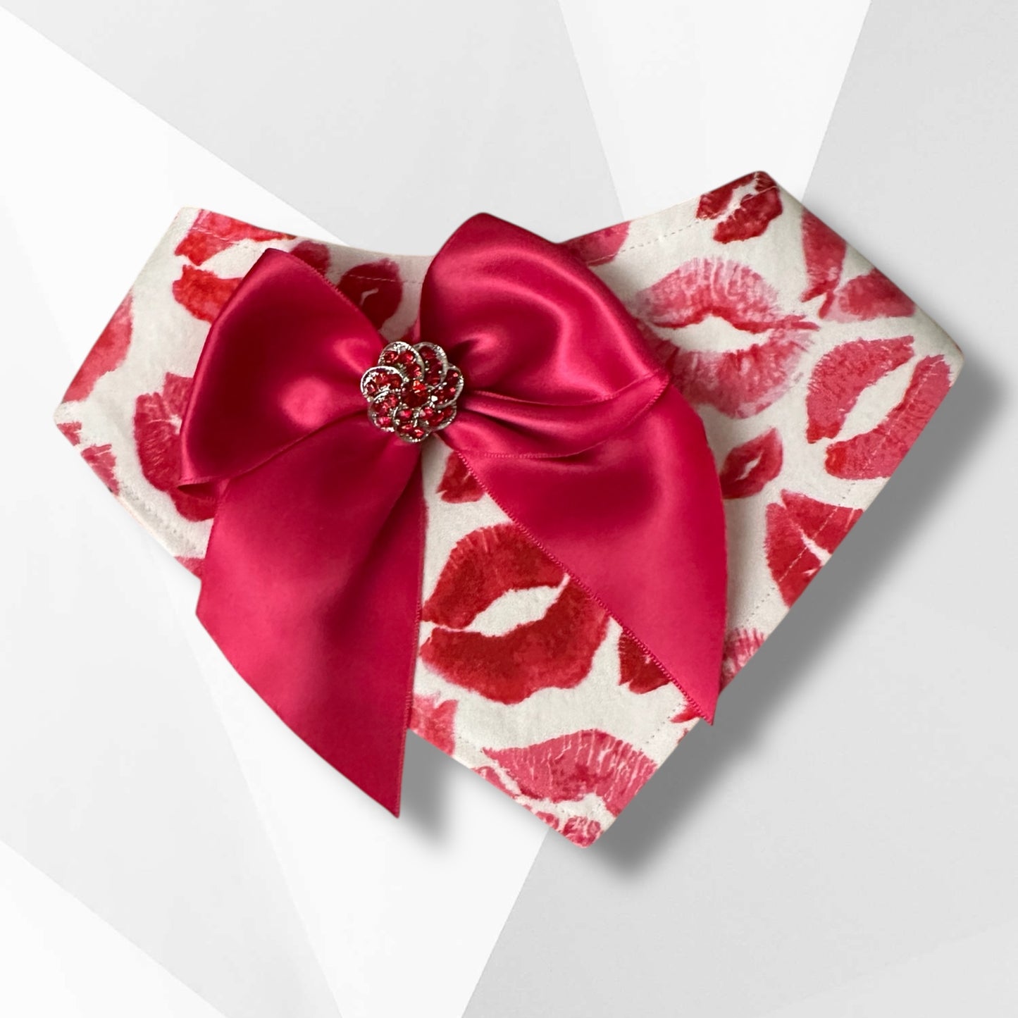 Valentine’s Day Luxury Dog Bandanna with Satin Bow & Red Rhinestone | Handmade Couture Dog Accessory