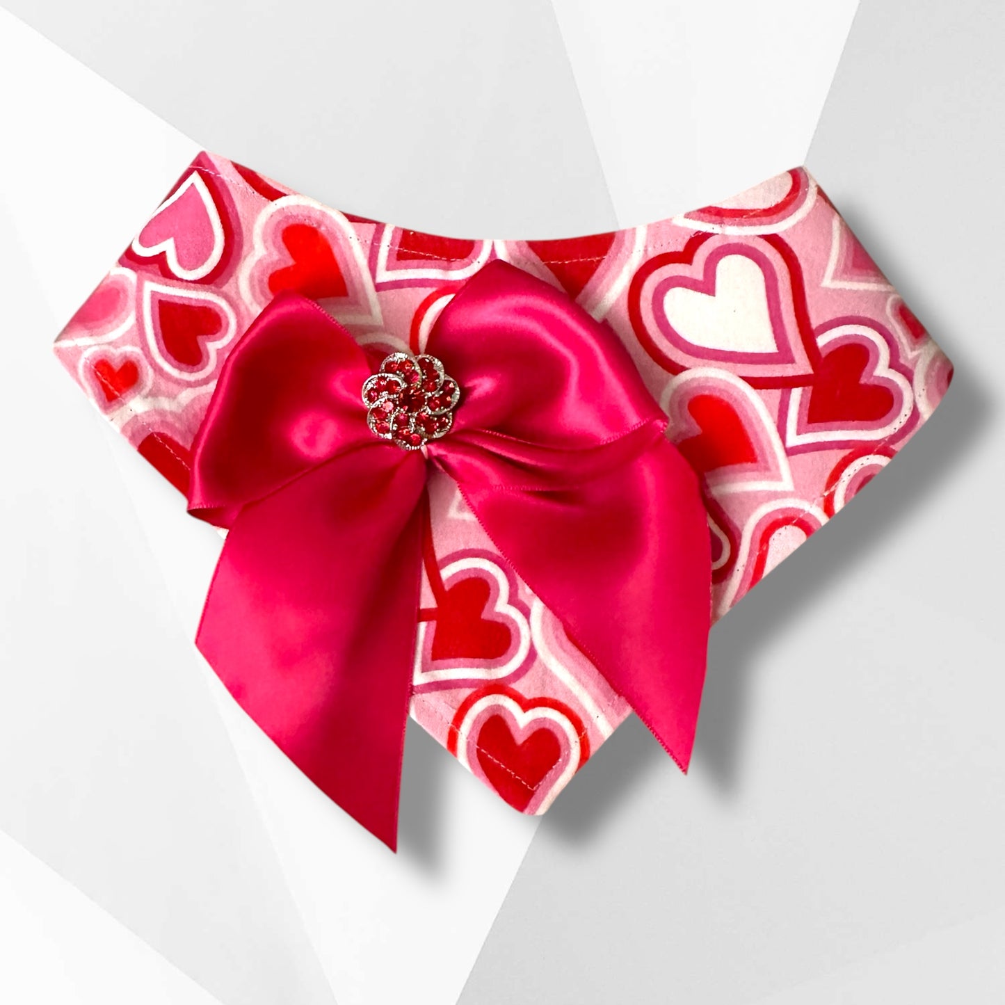 Valentine’s Day Luxury Dog Bandanna with Satin Bow & Red Rhinestone | Handmade Couture Dog Accessory