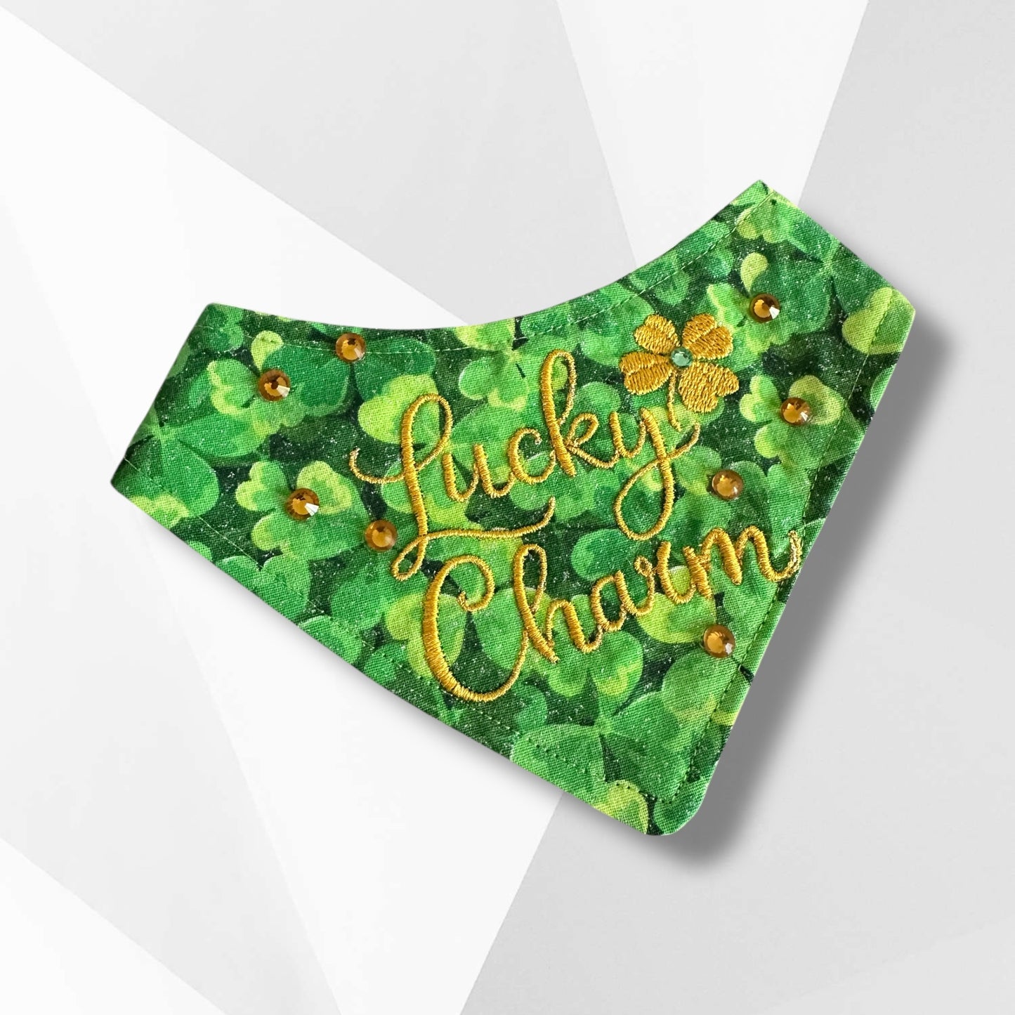 Luxury St. Patrick’s Day Dog Bandanna – Lucky Charm Gold Embroidered Reversible Shamrock Bandana