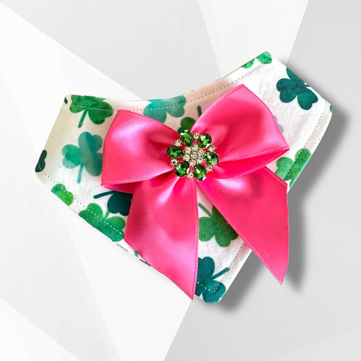 Luxury St. Patrick’s Day Dog Bandanna – Shamrock Print with Pink Satin Jewel Bow