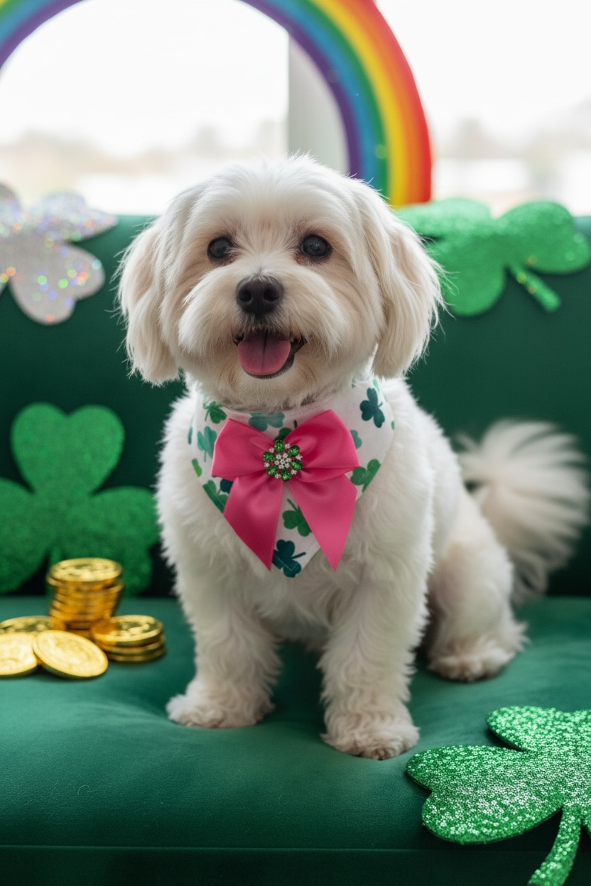 Luxury St. Patrick’s Day Dog Bandanna – Shamrock Print with Pink Satin Jewel Bow