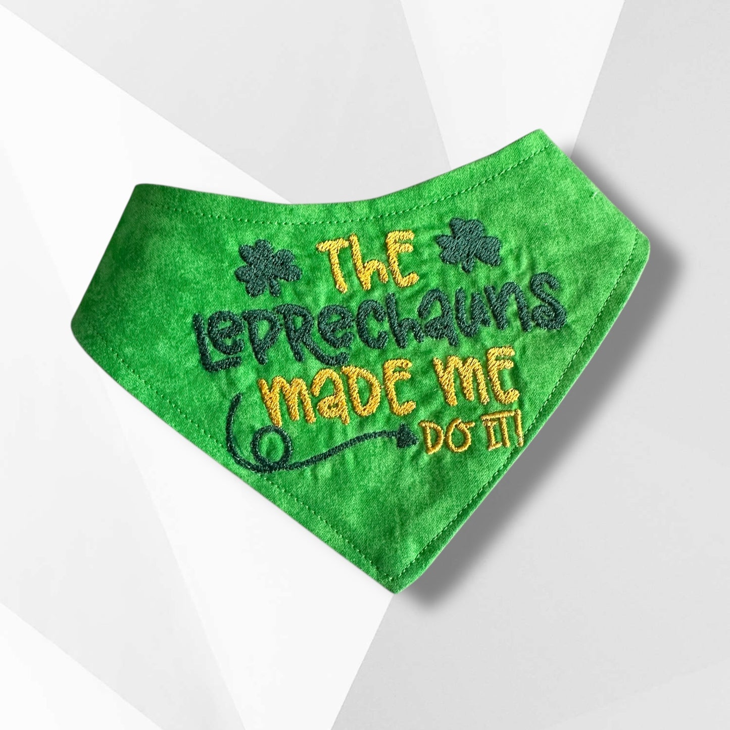 Luxury St. Patrick’s Day Dog Bandanna – “The Leprechauns Made Me Do It” Embroidered Reversible Bandana