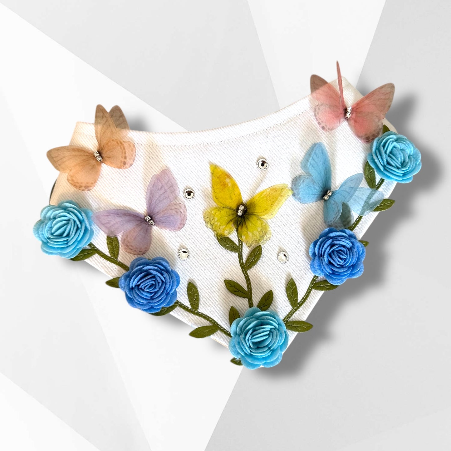Luxury Butterfly Garden Dog Bandanna – Handmade Couture Floral Silk Butterfly Rhinestone Spring Pet Scarf
