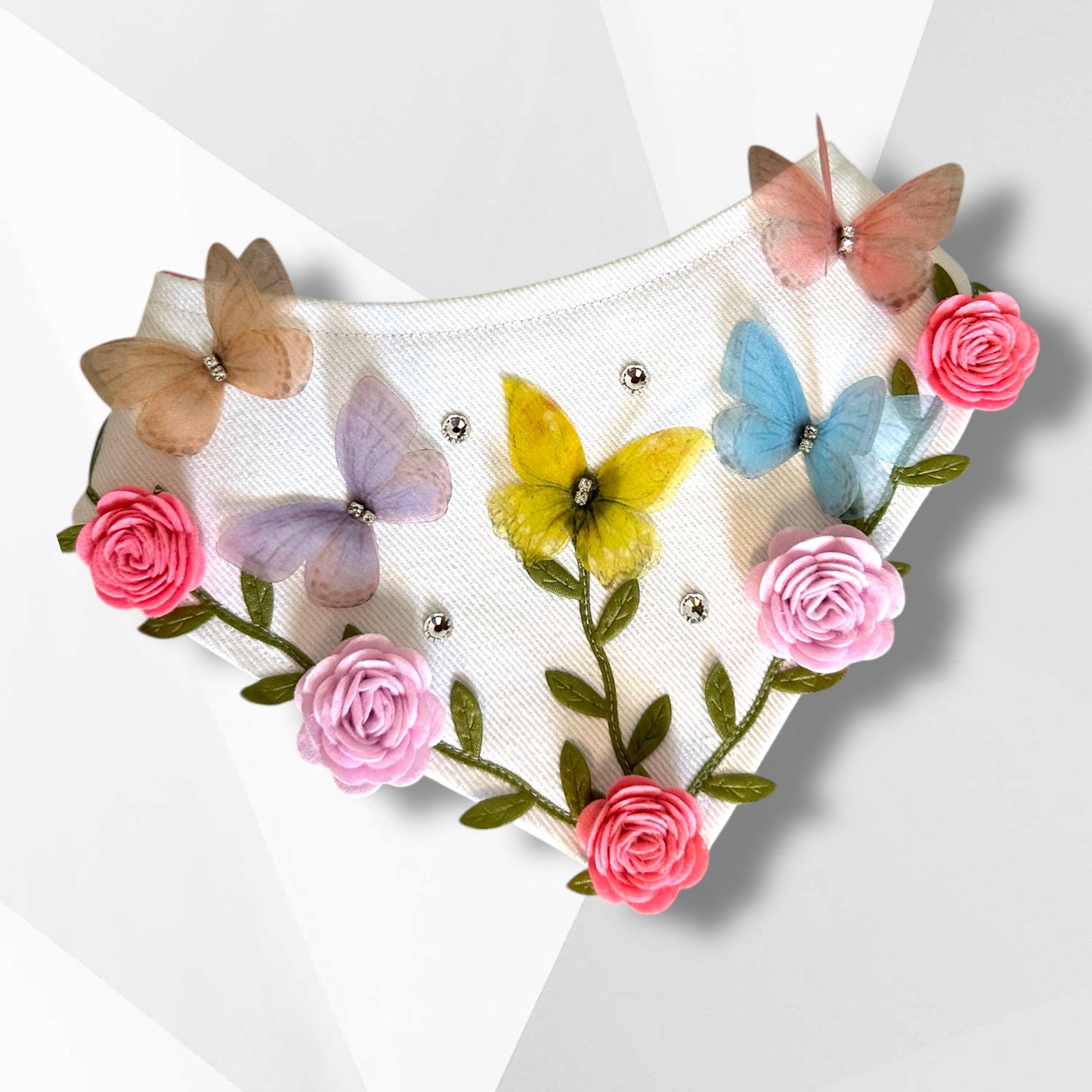 Luxury Butterfly Garden Dog Bandanna – Handmade Couture Floral Silk Butterfly Rhinestone Spring Pet Scarf