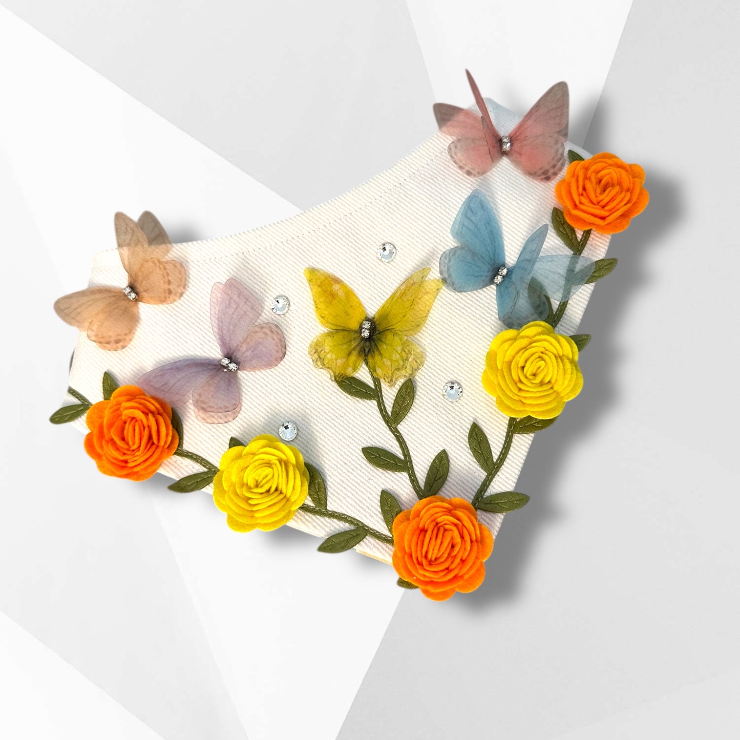 Luxury Butterfly Garden Dog Bandanna – Handmade Couture Floral Silk Butterfly Rhinestone Spring Pet Scarf