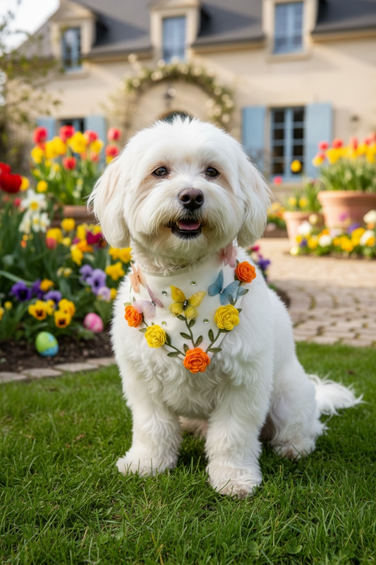 Luxury Butterfly Garden Dog Bandanna – Handmade Couture Floral Silk Butterfly Rhinestone Spring Pet Scarf