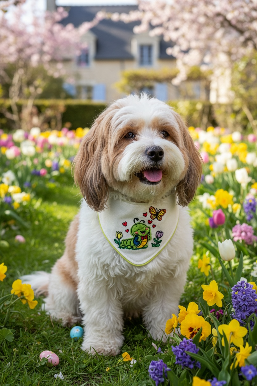 Luxury Caterpillar Dream Dog Bandana – Handmade Embroidered Butterfly Spring Dog Bandana