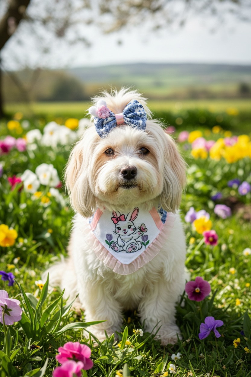 Luxury Bunny Garden Dog Hair Bow – Handmade Floral Easter Matching Pet Hair Bow