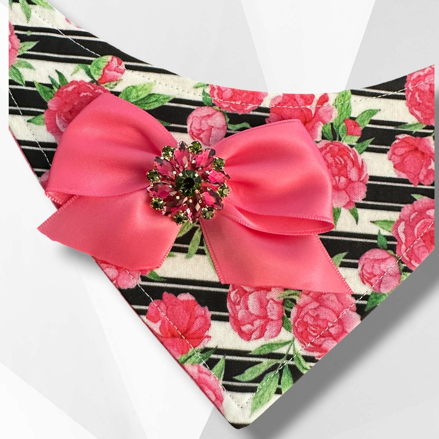 Mother’s Day Dog Bandana with Bow – Luxury Floral Dog Bandana, Pink Satin Bow with Jewel, Handmade Cotton Pet Scarf