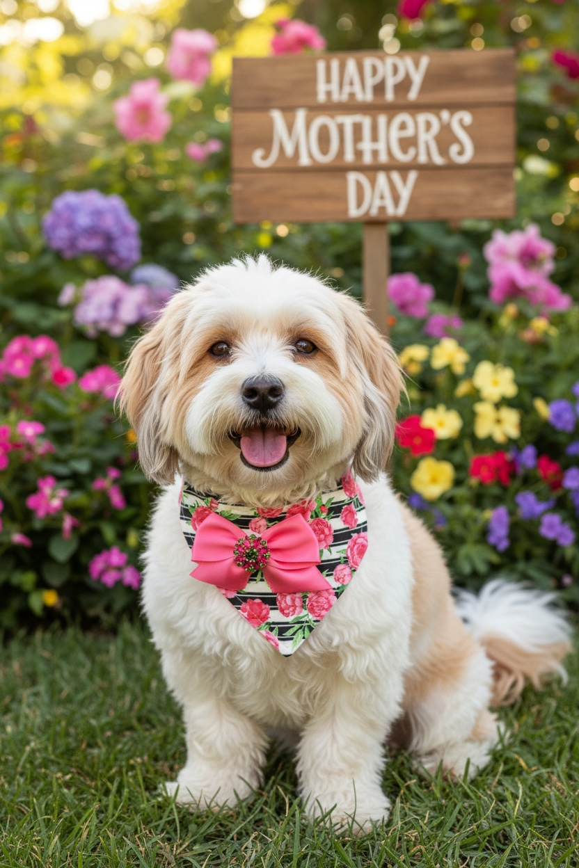 Mother’s Day Dog Bandana with Bow – Luxury Floral Dog Bandana, Pink Satin Bow with Jewel, Handmade Cotton Pet Scarf