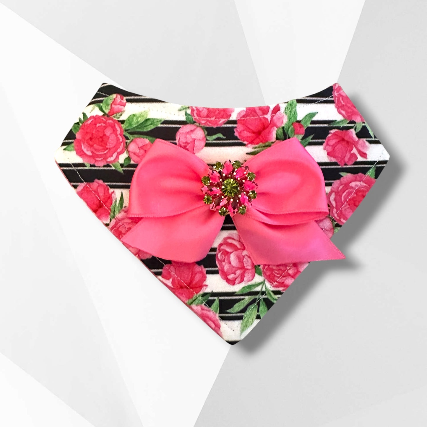 Mother’s Day Dog Bandana with Bow – Luxury Floral Dog Bandana, Pink Satin Bow with Jewel, Handmade Cotton Pet Scarf