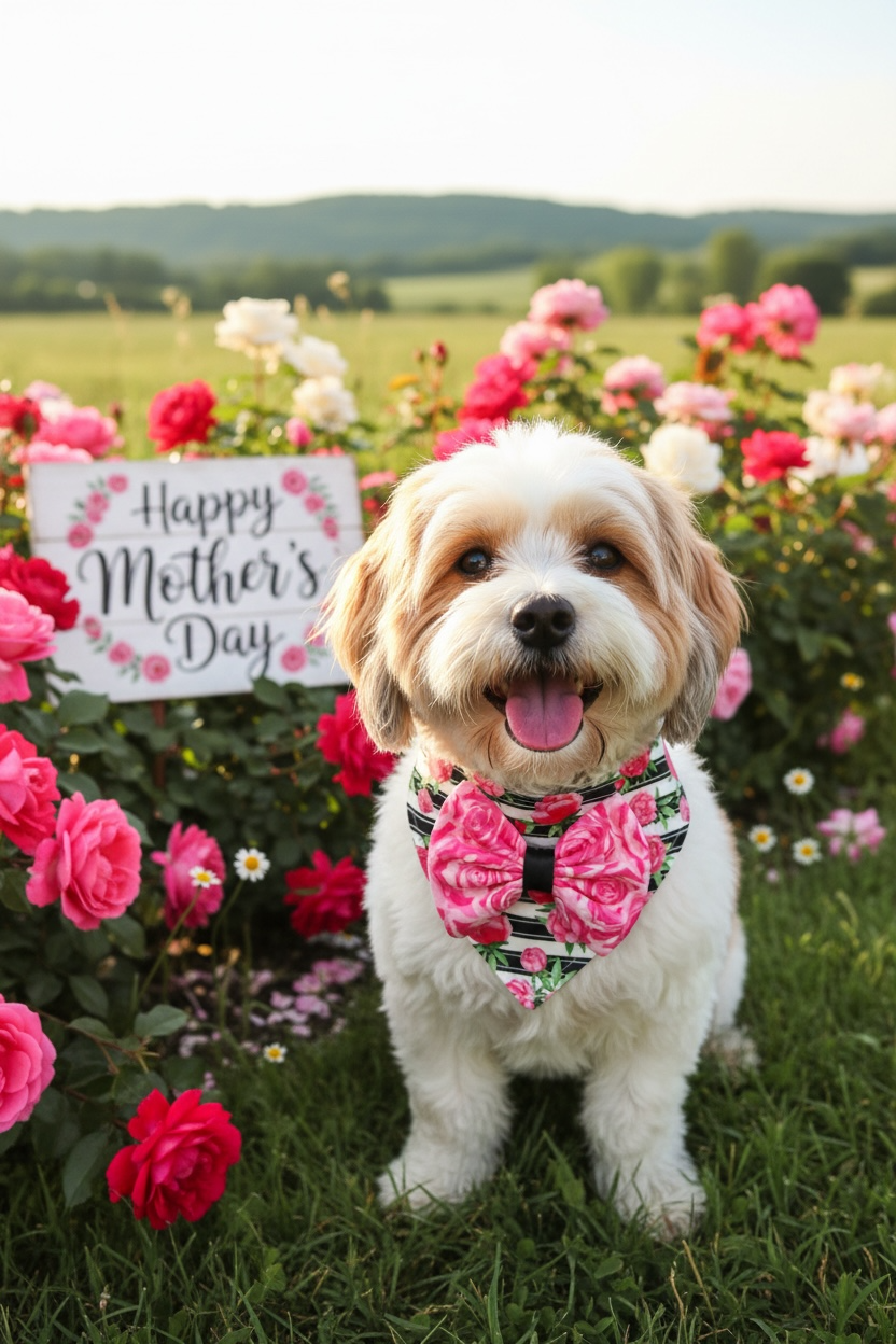 Mother’s Day Dog Bandana with Bowtie – Luxury Floral Dog Bandana, Handmade Cotton Pet Scarf, Gift for Dog Moms