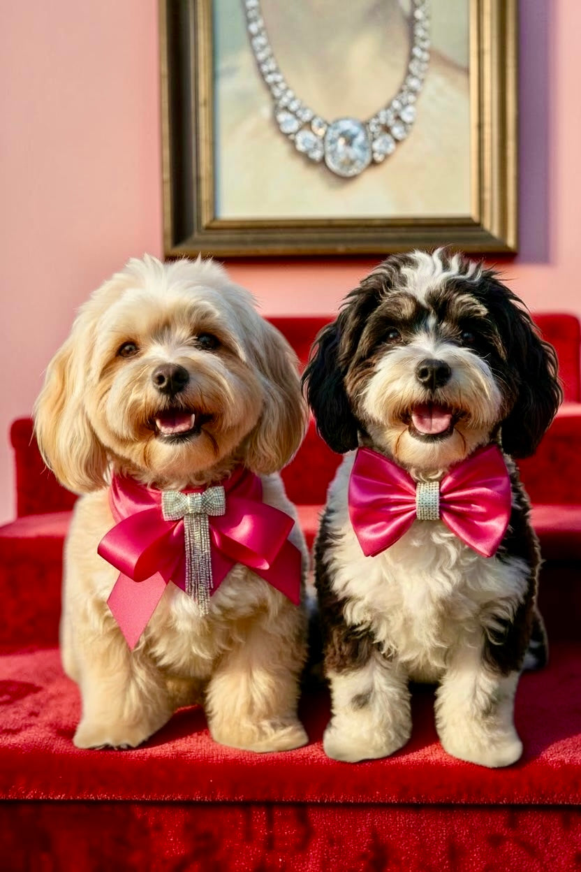 Luxury Handmade Marilyn Monroe Inspired Dog Bandana & Bow Tie – Couture Pink Satin Glamour for Dogs – Diamonds Darling Collection