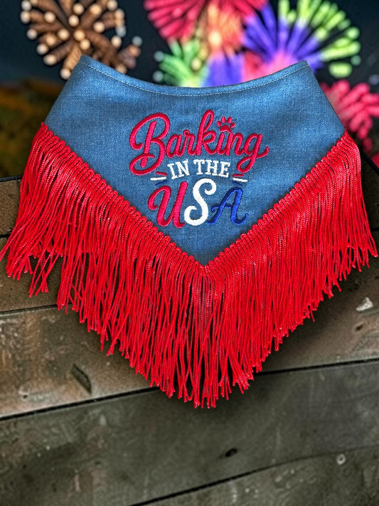 Luxury Fourth of July Reversible Dog Bandana – Barking in the USA Fringe Couture Bandana