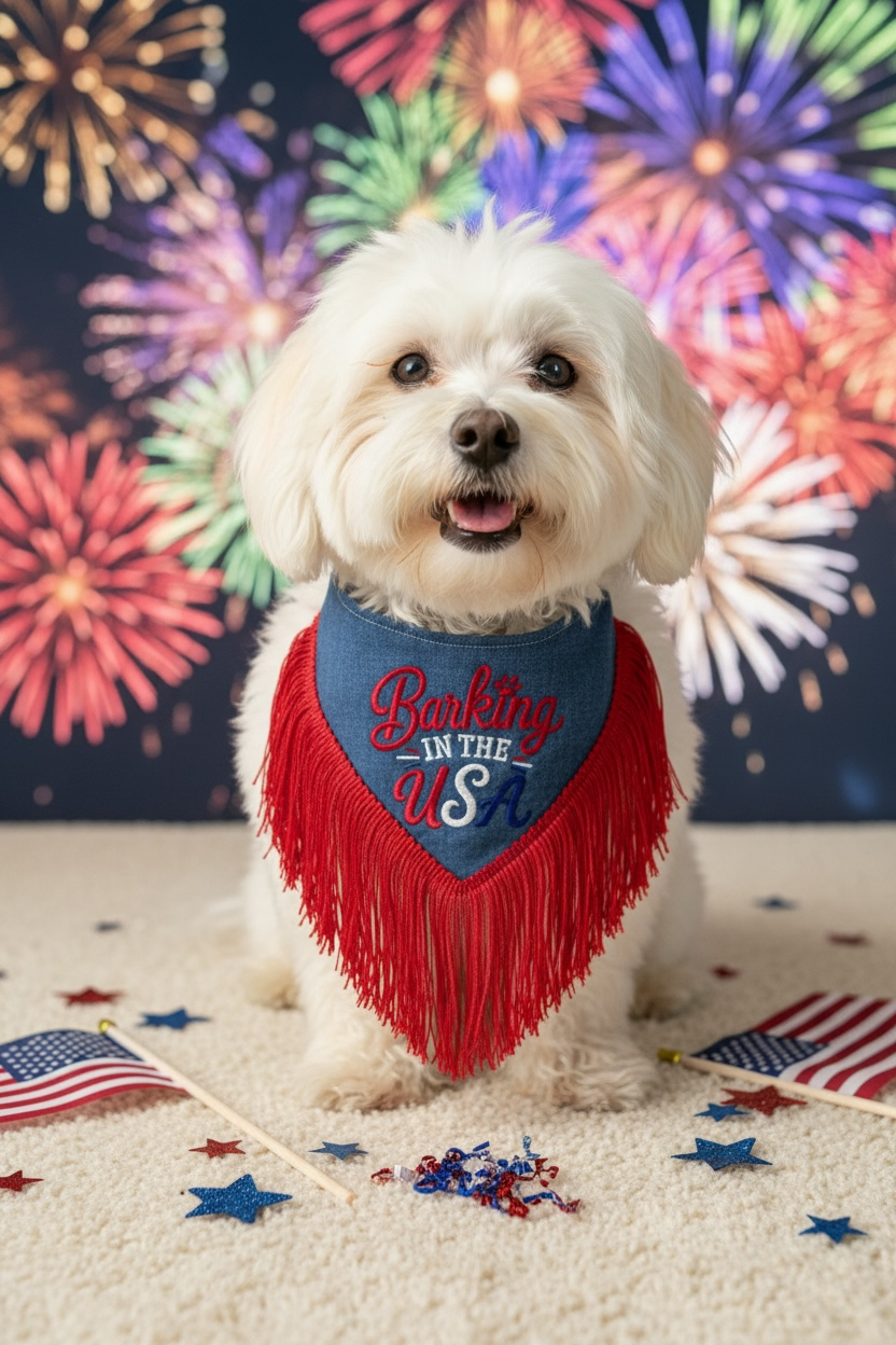 Luxury Fourth of July Reversible Dog Bandana – Barking in the USA Fringe Couture Bandana