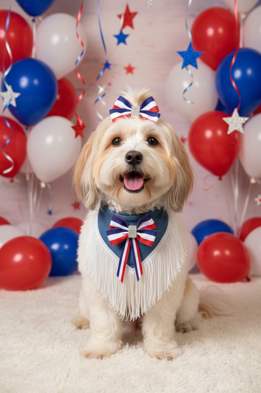 Luxury Fourth of July Fringe Dog Bandana – Patriotic Ribbon Couture Bandana
