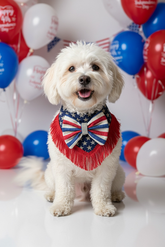 Luxury Fourth of July Fringe Dog Bandana – Patriotic Bow Couture Bandana