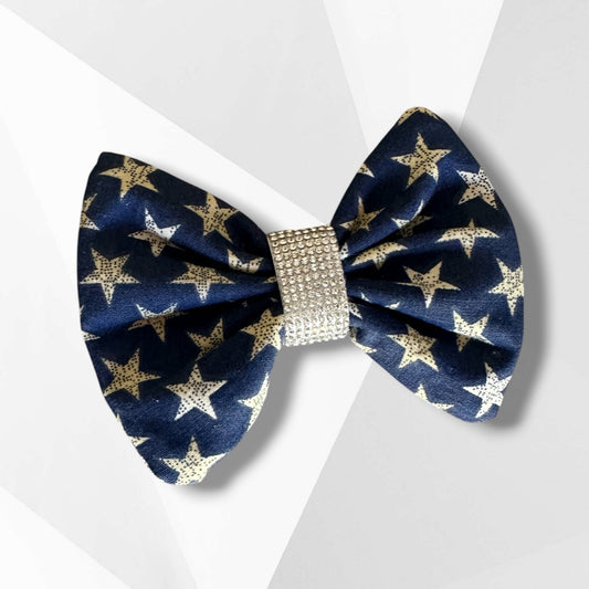 Luxury Fourth of July Hair Bow – Vintage Star Print Rhinestone Bow