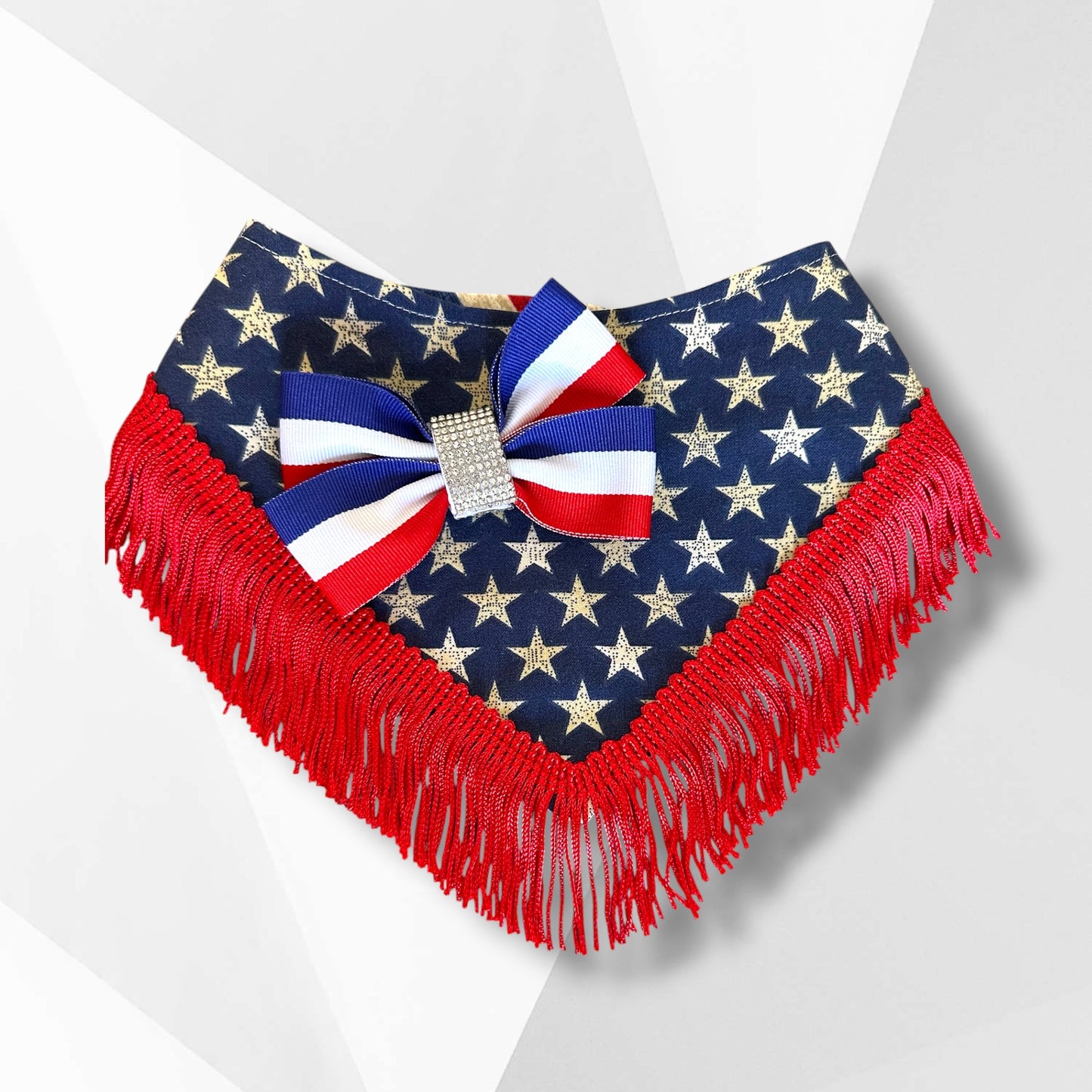 Luxury Fourth of July Fringe Dog Bandana – Patriotic Ribbon Bow Couture Bandana