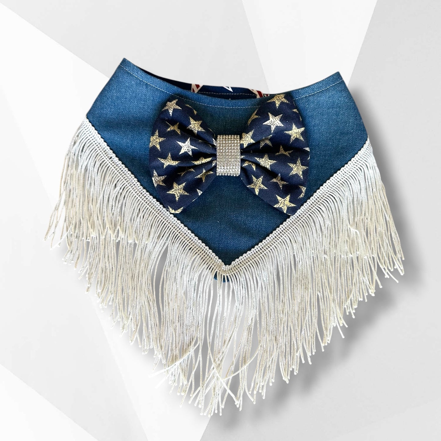 Luxury Fourth of July Fringe Dog Bandana – Denim Star Bow Couture Bandana