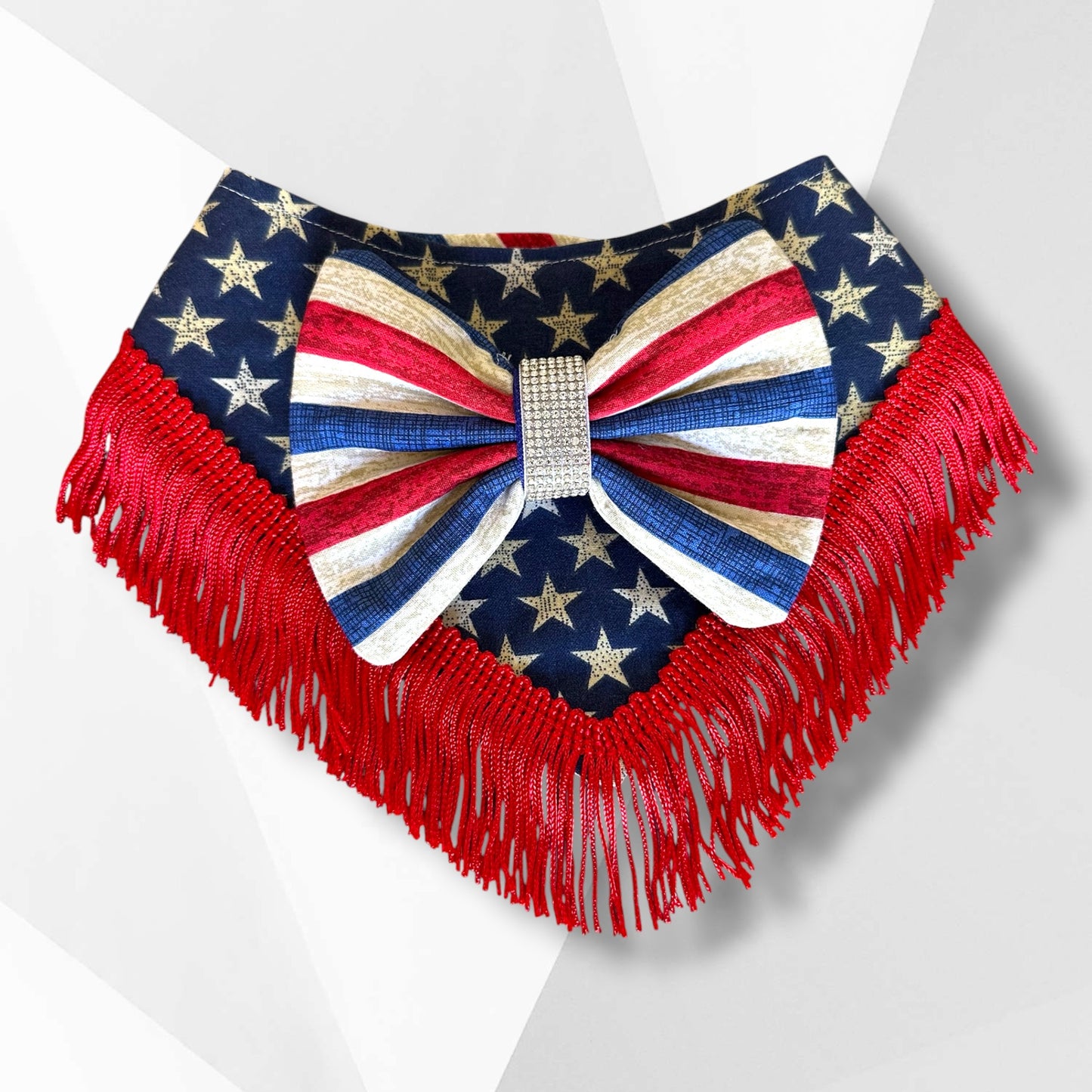 Luxury Fourth of July Fringe Dog Bandana – Patriotic Bow Couture Bandana