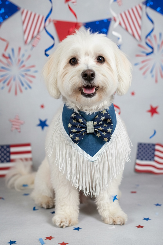 Luxury Fourth of July Fringe Dog Bandana – Denim Star Bow Couture Bandana