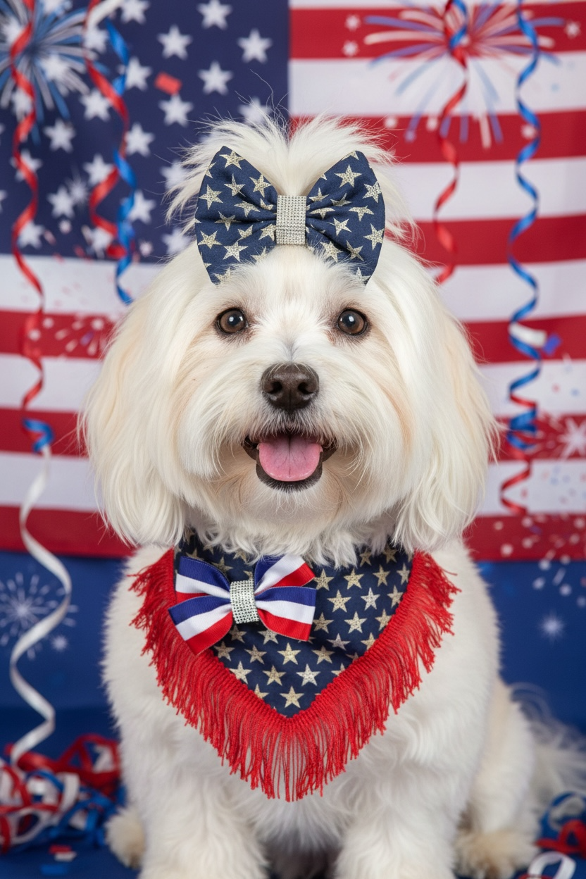 Luxury Fourth of July Fringe Dog Bandana – Patriotic Ribbon Bow Couture Bandana