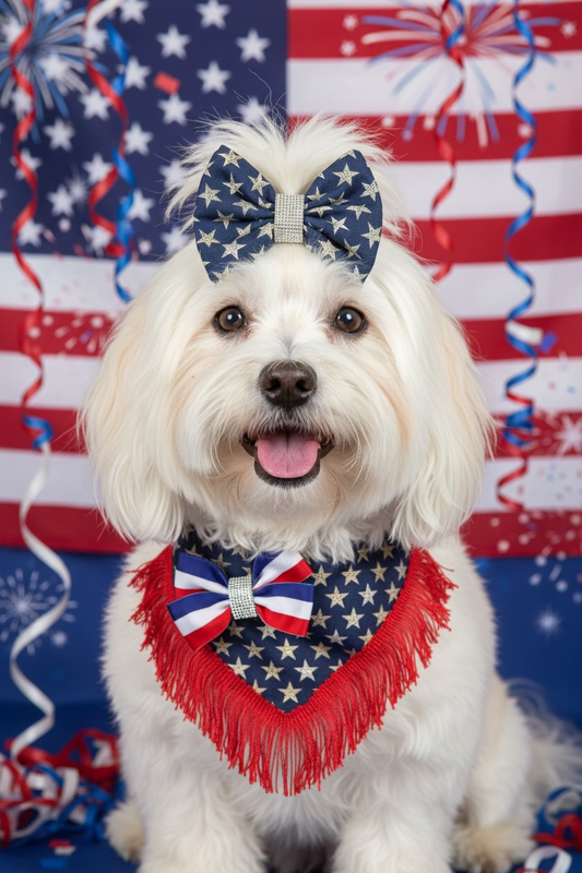 Luxury Fourth of July Fringe Dog Bandana – Patriotic Ribbon Bow Couture Bandana