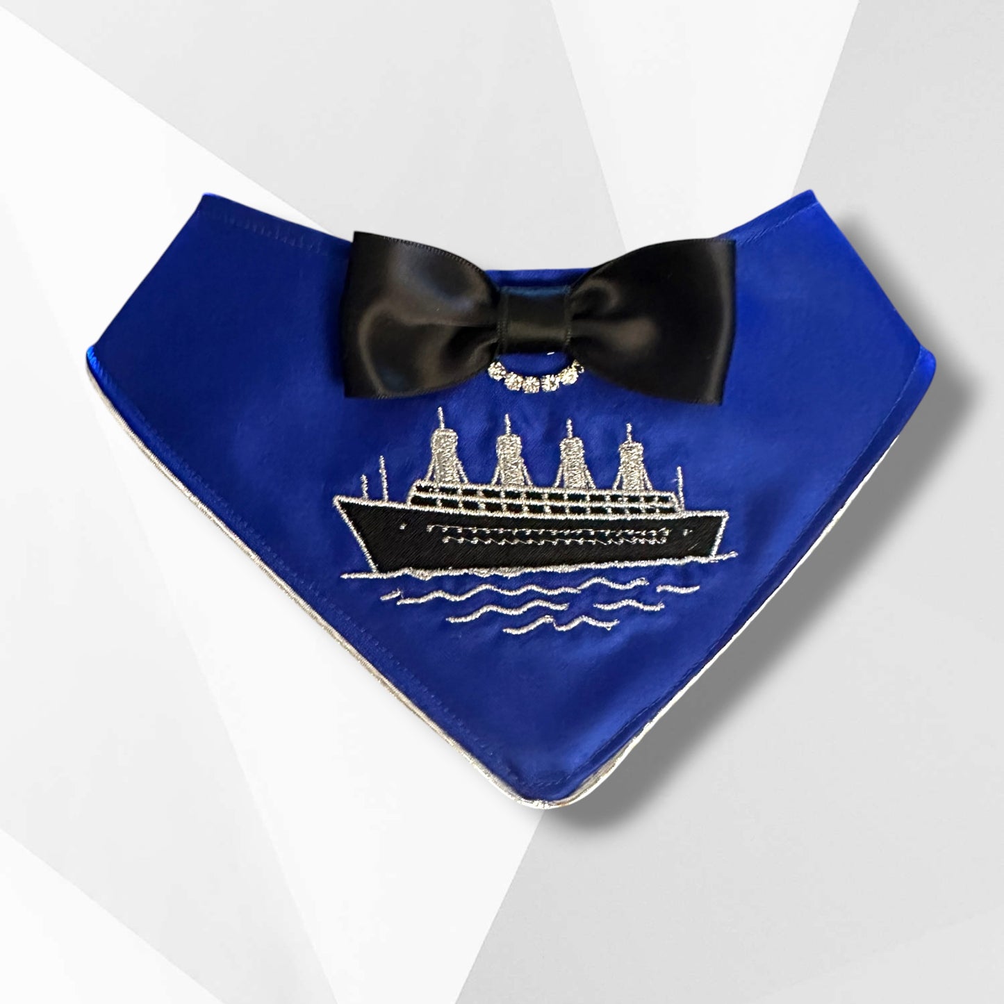 Titanic-Inspired Dog Bandana with Embroidered Ship & Satin Bow Tie | Luxury Dog Bandana