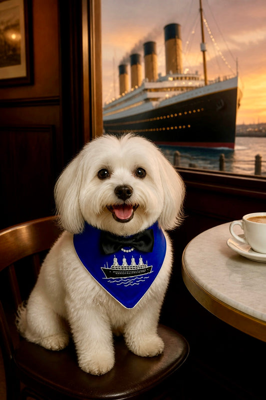 Titanic-Inspired Dog Bandana with Embroidered Ship & Satin Bow Tie | Luxury Dog Bandana