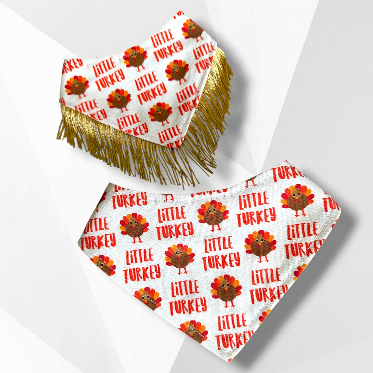 Little Turkey & Cutie Pie Reversible Thanksgiving Dog Bandana | Optional Gold Fringe
